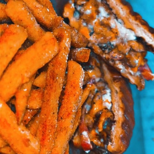 Joe's Beef Shawarma Burger with fries.